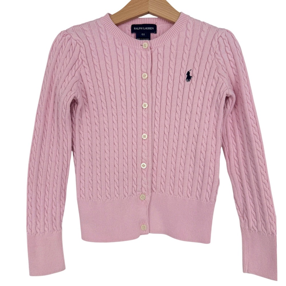 Ralph Lauren Girl's Pink Cable Knit Cardigan Sweater Sz 6X Cotton